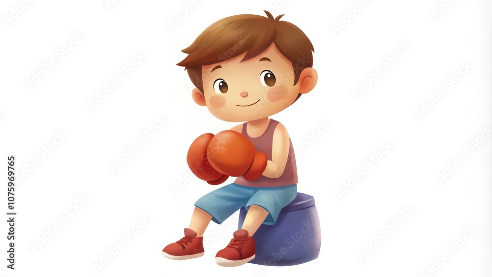 Cartoon Boy Wearing Red Boxing Gloves Sitting on a Stool