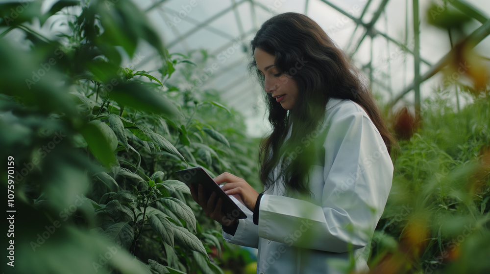 Woman using digital tablet to monitor crops in a greenhouse. Woman using digital tablet to monitor crops in a greenhouse.