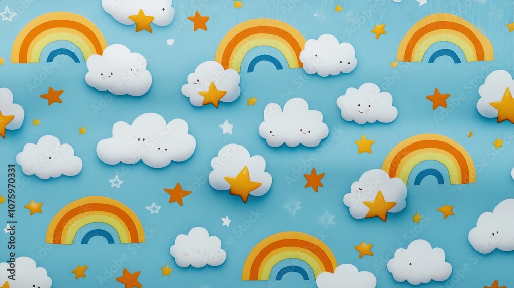 Whimsical Pattern of Clouds, Rainbows, and Stars on a Light Blue Background Perfect for Children's Designs and Playful Projects