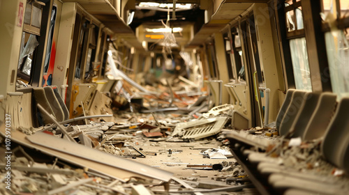 Train car interior in ruins with shattered windows and debris, symbolizing the aftermath of a bombing, focusing on the destruction with a shallow depth of field.
