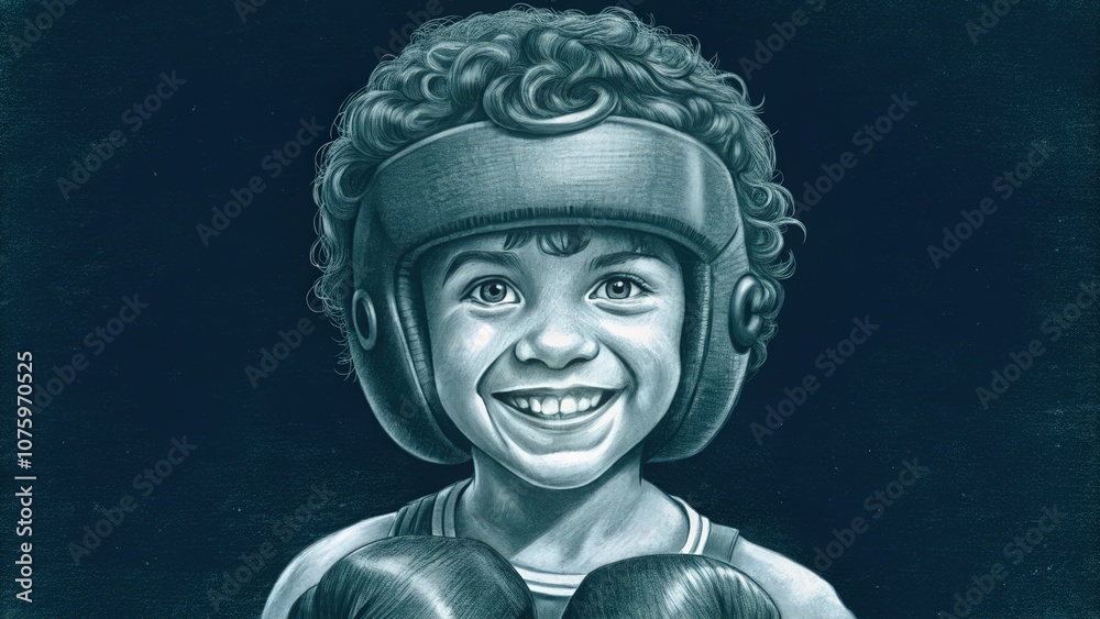 Fototapeta premium Portrait of a Smiling Young Boxer with Headgear and Gloves