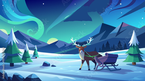 A deer is pulling a sleigh with a baby in it