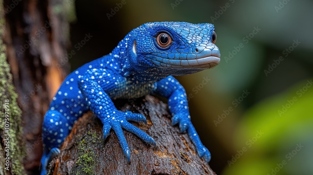 A vibrant blue lizard perched on a tree branch in a lush environment.