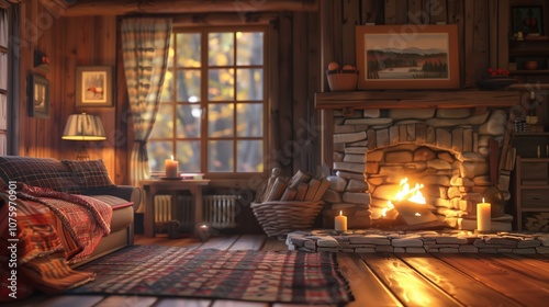 Rustic Fireplace Ambiance in a Cozy Log Cabin Living Room - Made with Generative AI