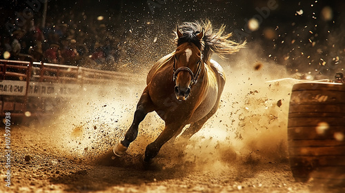 A bareback bronc racing in the dust in a rodeo arena