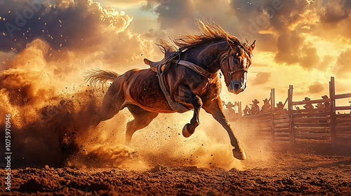 A bareback bronc racing in the dust in a rodeo arena
