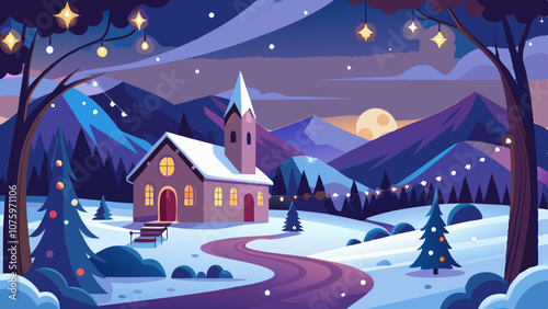 A small house with a steeple sits on a snowy mountain