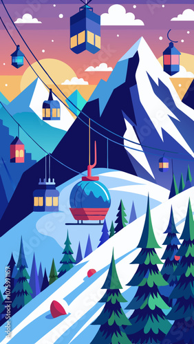 A mountain scene with a ski lift and a ski lift car