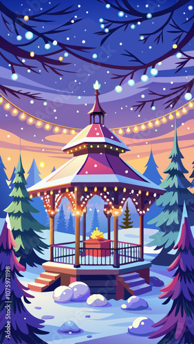 A winter scene with a gazebo and a Christmas tree