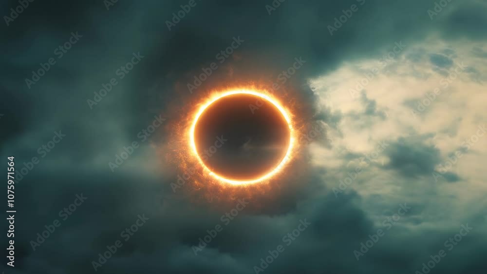 Stunning annular solar eclipse with a glowing, fiery halo surrounded by dark stormy clouds, creating a mysterious and captivating scene. Stunning annular solar eclipse with a glowing, fiery halo surrounded by dark stormy clouds, creating a mysterious and captivating scene.