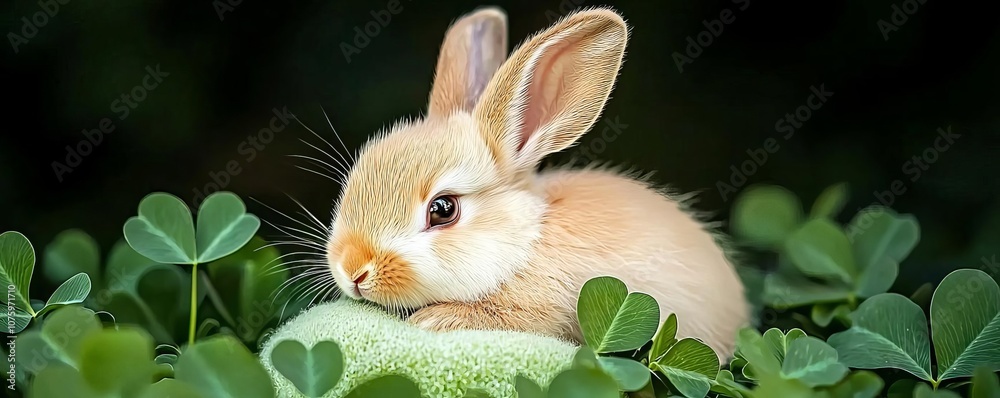 Fototapeta premium Tiny bunny resting on soft clover, with its fluffy coat and delicate features beautifully framed by vibrant green leaves and gentle sunlight