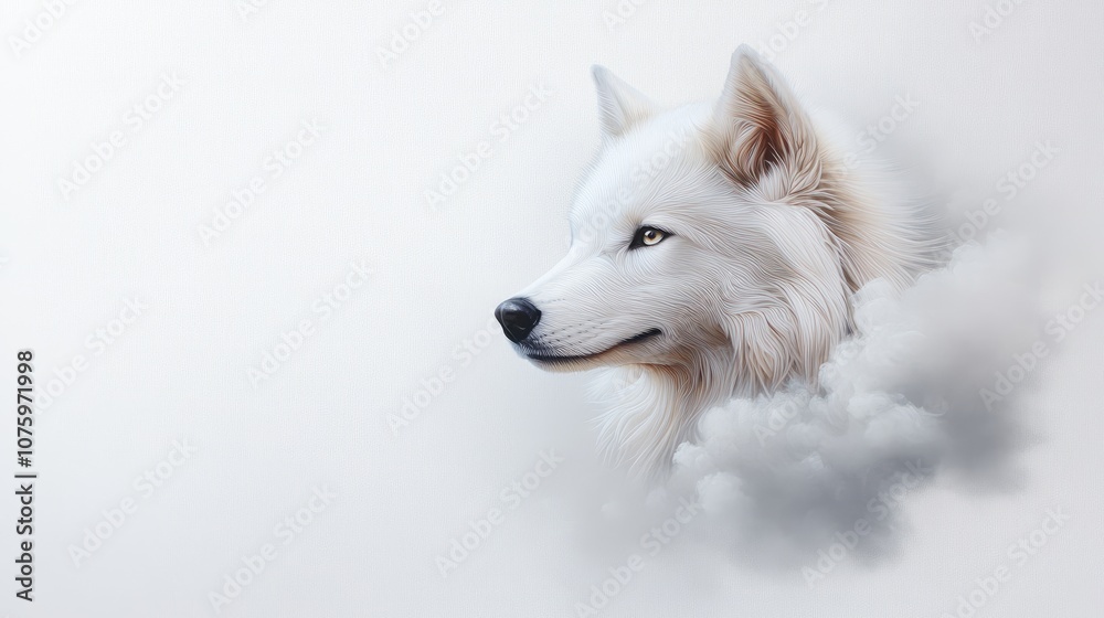Obraz premium Majestic White Wolf Emerging from Soft Clouds, Exuding Serenity and Strength, Symbolizing Freedom, Beauty, and the Power of Nature in a Dreamlike Ambiance