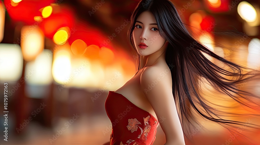 Elegant young woman in traditional red dress with intricate designs, flowing black hair, and soft expression, surrounded by warm, glowing bokeh lights in Asian-inspired setting Elegant young woman in traditional red dress with intricate designs, flowing black hair, and soft expression, surrounded by warm, glowing bokeh lights in Asian-inspired setting