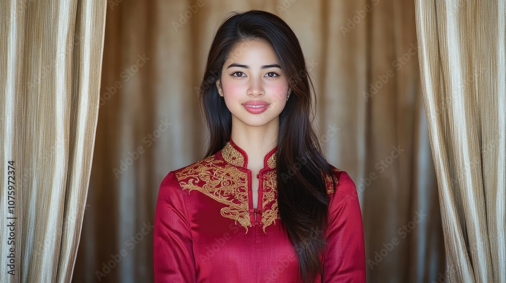 Elegant Young Woman in Traditional Attire Standing Gracefully Against a Luxurious Silk Background, Embodying Culture, Beauty, and Timeless Elegance in Portrait Photography Elegant Young Woman in Traditional Attire Standing Gracefully Against a Luxurious Silk Background, Embodying Culture, Beauty, and Timeless Elegance in Portrait Photography