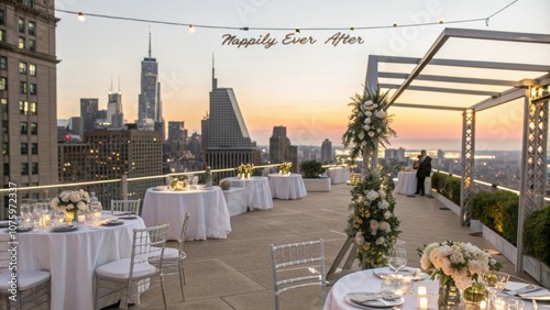 Classic urban rooftop wedding with panoramic skyline view