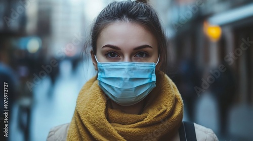 Woman Wearing Protective Medical Face Mask in Cold Urban Street Scene During Pandemic