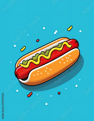 Minimal background for fast food concept. Hot dog cartoon style on blue background photo