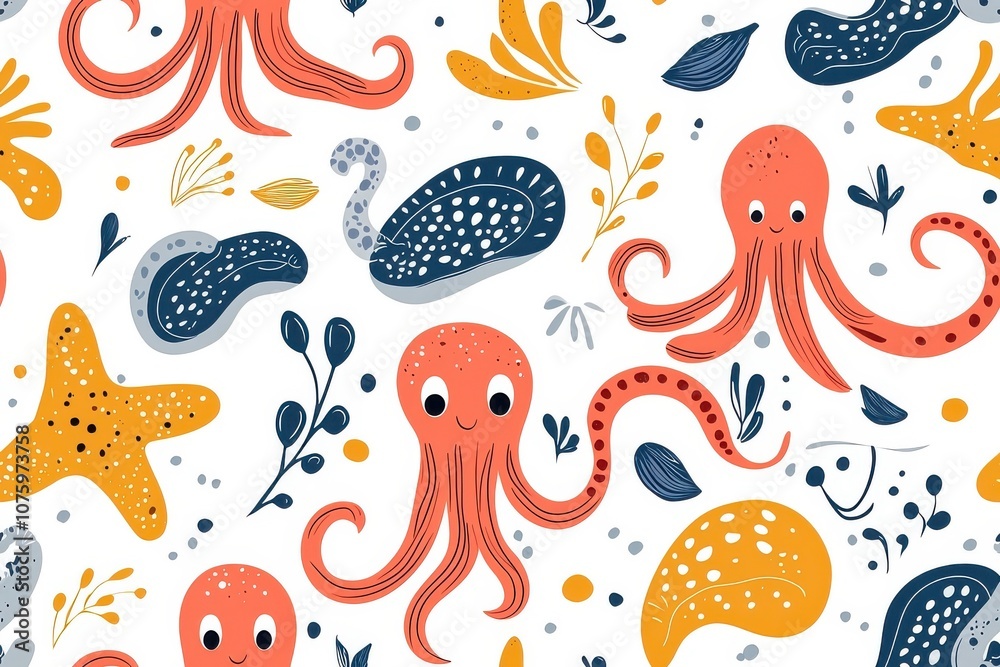 Obraz premium Flat style seamless pattern of squids, isolate on white background.