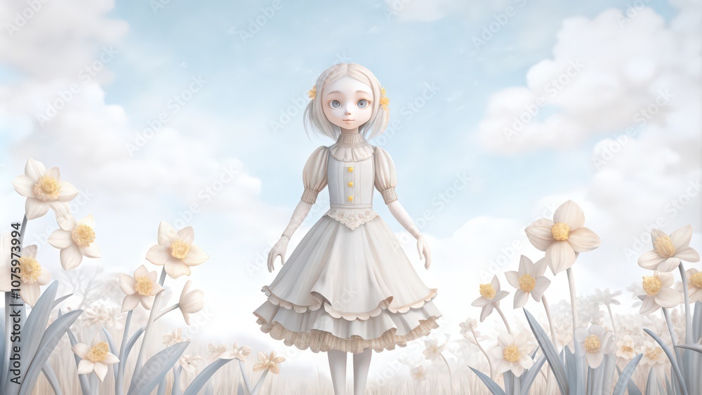 A White-Haired Girl Stands Amidst a Field of White Daffodils A White-Haired Girl Stands Amidst a Field of White Daffodils