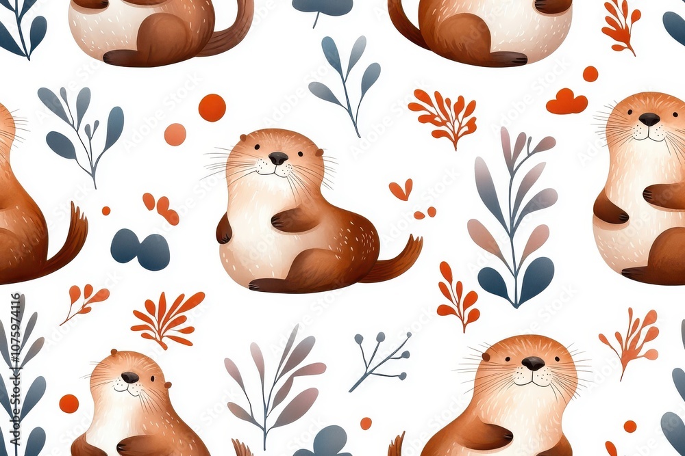 Obraz premium Watercolor seamless pattern of sea otters, isolate on white background.