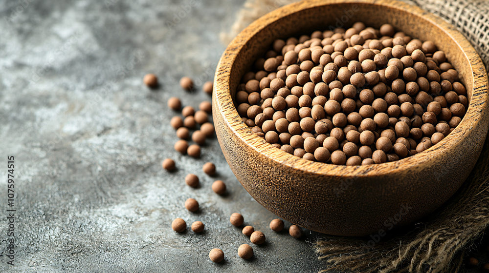 A wooden bowl filled with small, round brown seeds, scattered on a textured surface, highlighting natural ingredients and rustic aesthetics. A wooden bowl filled with small, round brown seeds, scattered on a textured surface, highlighting natural ingredients and rustic aesthetics.