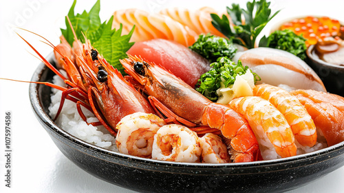 A vibrant bowl of assorted seafood, featuring fresh shrimp, fish, and garnishes, elegantly presented on a bed of rice.