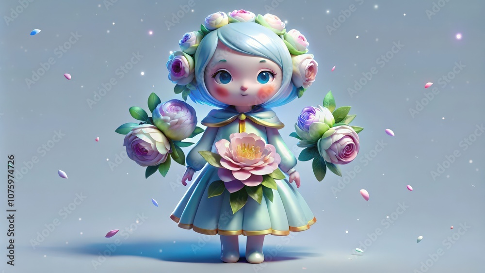 A 3D Render of a Cute Cartoon Girl with Flowers in Her Hair and Hands