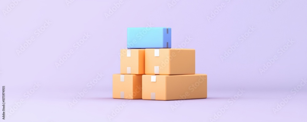Obraz premium A stack of orange and blue boxes on a soft purple background, symbolizing packaging and delivery.