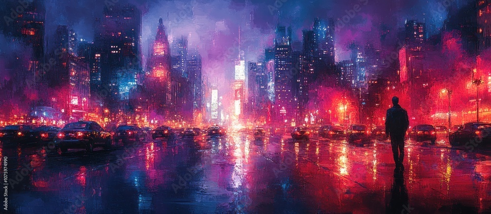 Fototapeta premium Night Cityscape with a Solitary Figure