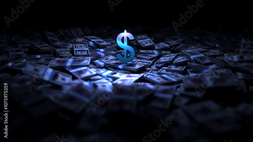 Cinematic dollar bills with spot light effect and dollr sign 3d rendering photo