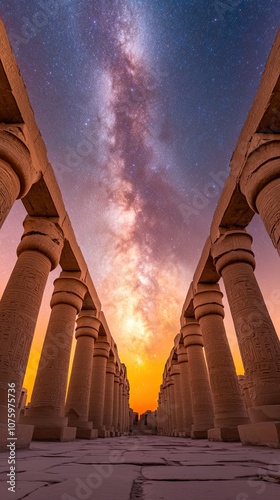 Majestic Night Sky Over Ancient Egyptian Temple with Columns and Starry Background, Capturing the Beauty of Heritage and Astronomy in Harmonious Blend photo