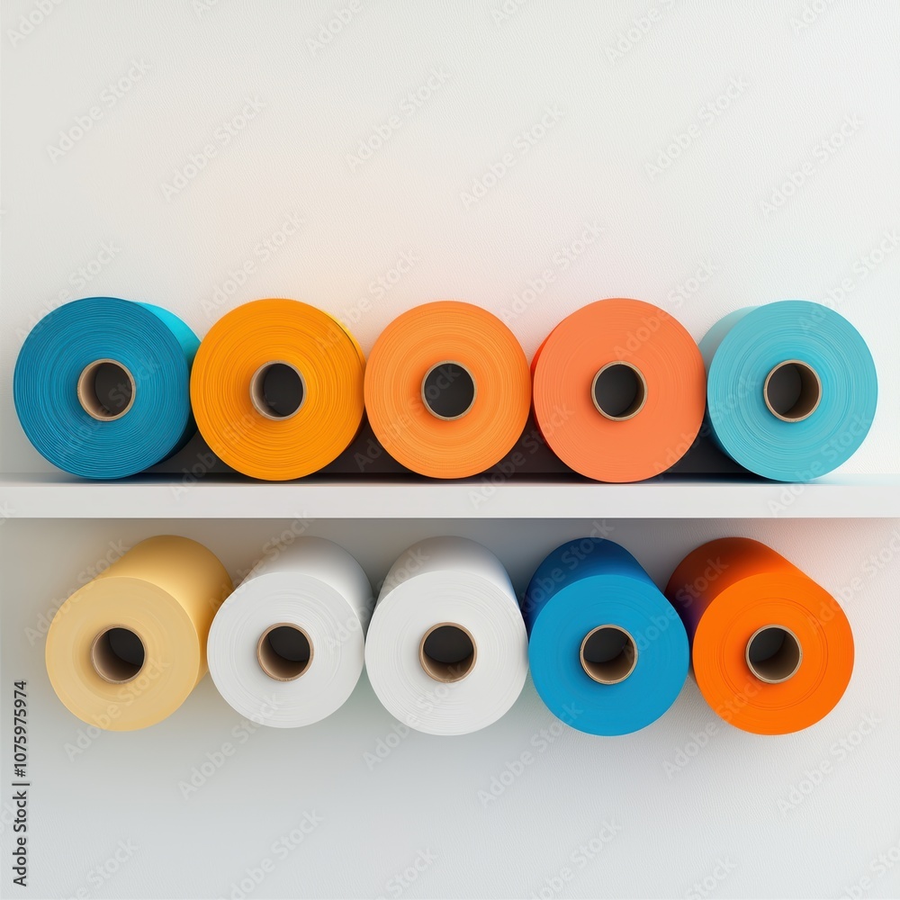 Fototapeta premium A vibrant display of colorful rolls arranged neatly on a shelf, isolated on a white background.