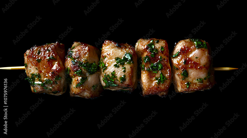 Grilled skewers of meat garnished with herbs, showcasing a savory and appetizing presentation against a dark background. Grilled skewers of meat garnished with herbs, showcasing a savory and appetizing presentation against a dark background.