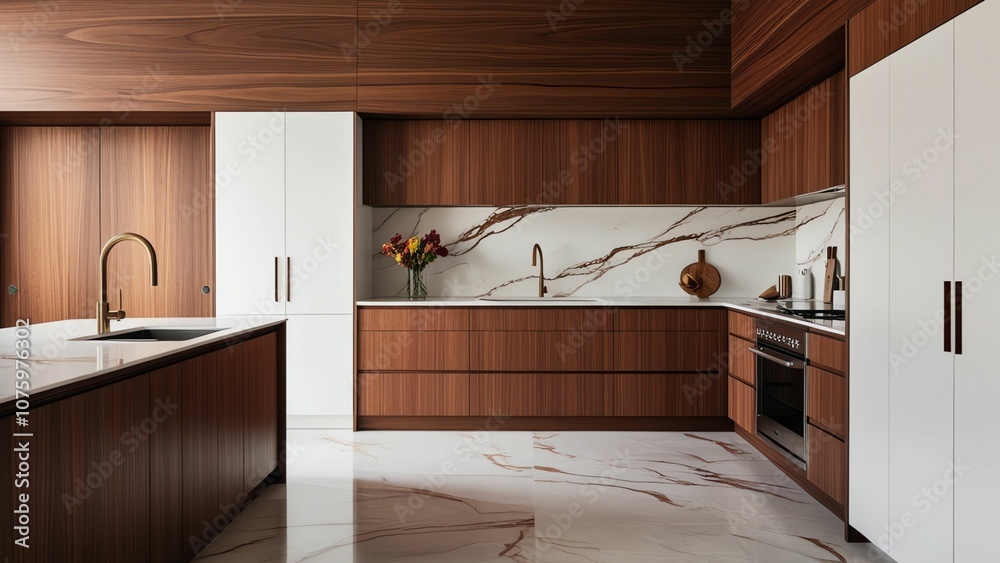 Luxurious Penthouse Kitchen with Dramatic Marble Accents and Brown Wood Cabinetry Luxurious Penthouse Kitchen with Dramatic Marble Accents and Brown Wood Cabinetry
