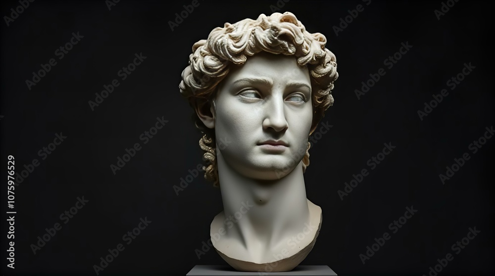 A striking plaster cast bust of a classical male figure, possibly Apollo or Antinous, set against a dramatic black backdrop A striking plaster cast bust of a classical male figure, possibly Apollo or Antinous, set against a dramatic black backdrop