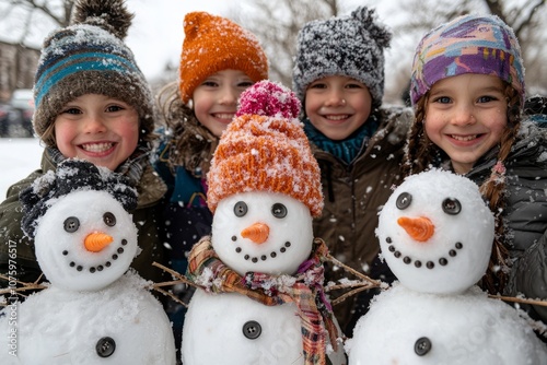 Children proudly show off their snowmen with carrot noses and button eyes. Parents take photos to capture the moment, Generative AI  photo