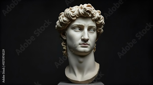 A striking plaster cast bust of a classical male figure, possibly Apollo or Antinous, set against a dramatic black backdrop photo