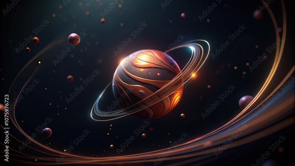 Fototapeta premium Abstract Cosmic Sphere with Glowing Rings and Scattered Particles