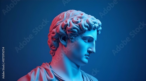 A plaster bust of the Greek god Apollo is dramatically illuminated with vibrant pink and blue neon lights against a dark blue backdrop 