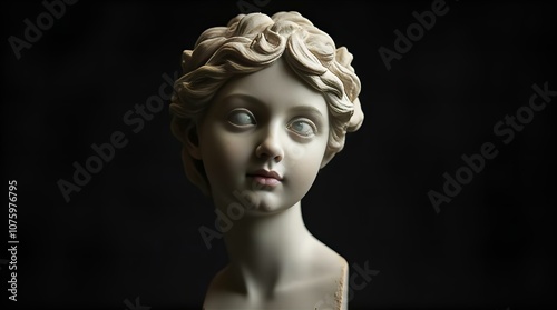 A captivating close-up of a classical style marble bust of a young woman