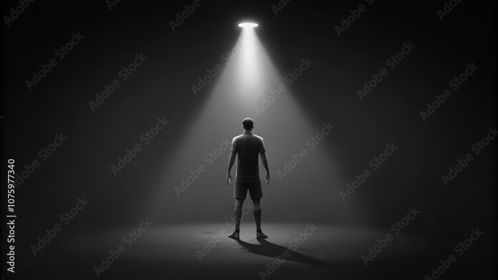 A lone soccer player stands in a spotlight against a dark background A lone soccer player stands in a spotlight against a dark background