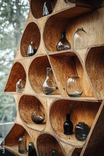 Stylish Wooden Shelves with Triangular and Circular Decorative Elements for Contemporary Office or photo