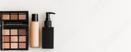 Aesthetic arrangement of makeup products on a clean surface, featuring eyeshadow palette, foundation, and skincare bottle for beauty enthusiasts. photo