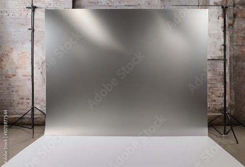 silver backdrop is set up, perfectly prepared for a photography session, enhancing light and focus.
 photo