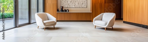 Business hub lobby with sleek armchairs, a small coffee bar in the corner, and decorative wall art warm lighting and sophisticated colors create a welcoming first impression
