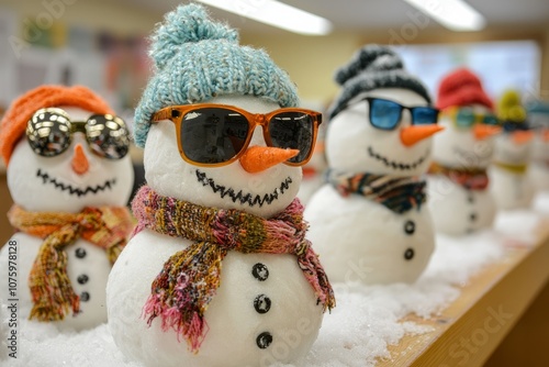 Snowmen with different accessories like sunglasses and scarves. Participants get creative with their designs, Generative AI  photo