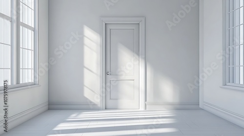 A minimalist interior with a white door and sunlight casting shadows on the walls.