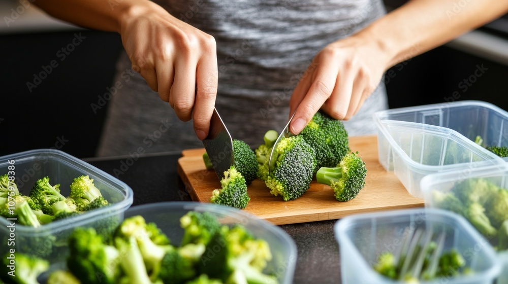 Athletic woman cutting fresh broccoli, filling meal prep containers with healthy ingredients. Athletic woman cutting fresh broccoli, filling meal prep containers with healthy ingredients.