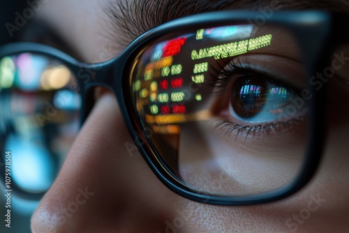 A close up of both eye wearing glasses, reflecting stock trading board.


