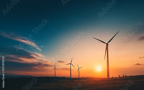 A serene sunset scene featuring wind turbines against a colorful sky, symbolizing renewable energy and sustainable development.